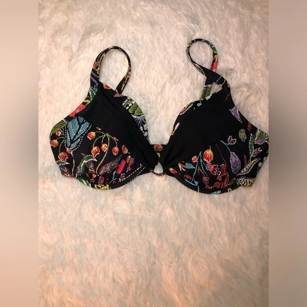 VENUS Black Bikini Top with tropical bright floral design size D